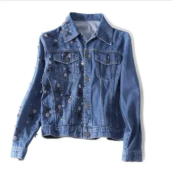 

Spring /autumn cotton denim jackets with diamond beading stiching female high quality luxury Embroidery beading jackets