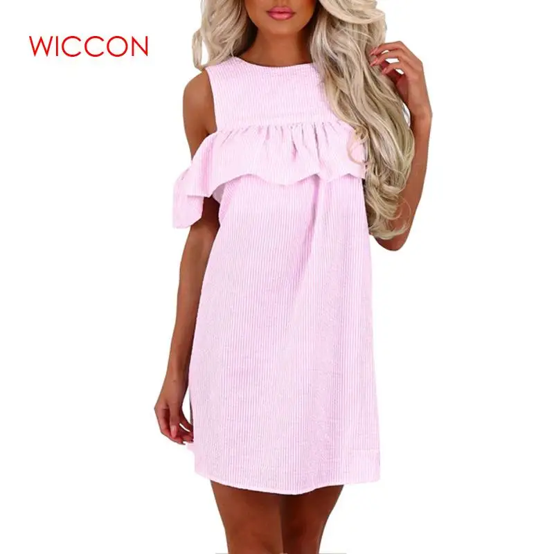 

2019 New Summer Dresses Women Fashion Sexy Off Shoulder Striped Vestido Curto Brief O-Neck Puff Sleeve Loose Mini Dress