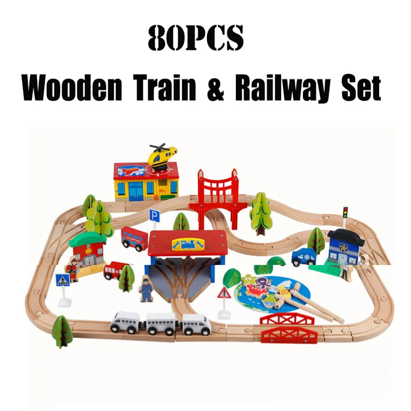 

80PCS Airport Traffic Wooden Train Track Set Magnetic Car Model Puzzle Wooden Railway Early Educational Toy For Children Friend