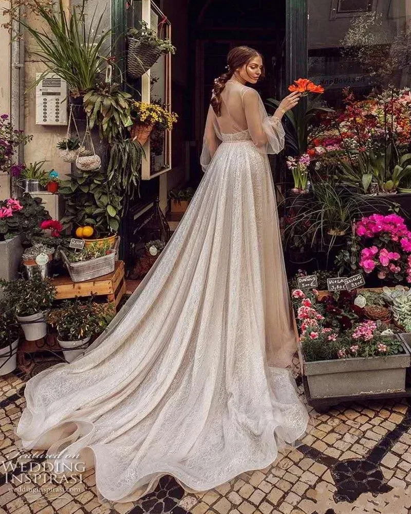 Весна Лето, кружевное пляжное свадебное платье, сексуальное, Boho Vestido De Noiva Eleagnt, Тюлевое, с рукавами-фонариками, с разрезом спереди, свадебные платья