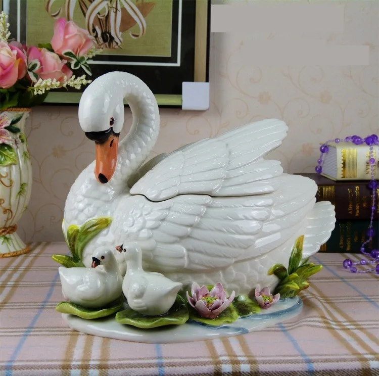 Estatueta de Porcelana de Qualidade Frasco do Armazenamento de Cerâmica Mãe e os Bebês Cisnes Organizador Canister Decorativa Artesanato Mobiliário Artigos