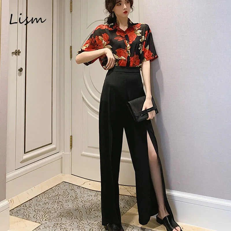 LISM 2019 Elegant Two Piece Set Top And Pants Transparent Floral Chiffon Blouse Femme+Slit Sexy Long Wide Leg Pant Club Outfit | Женская