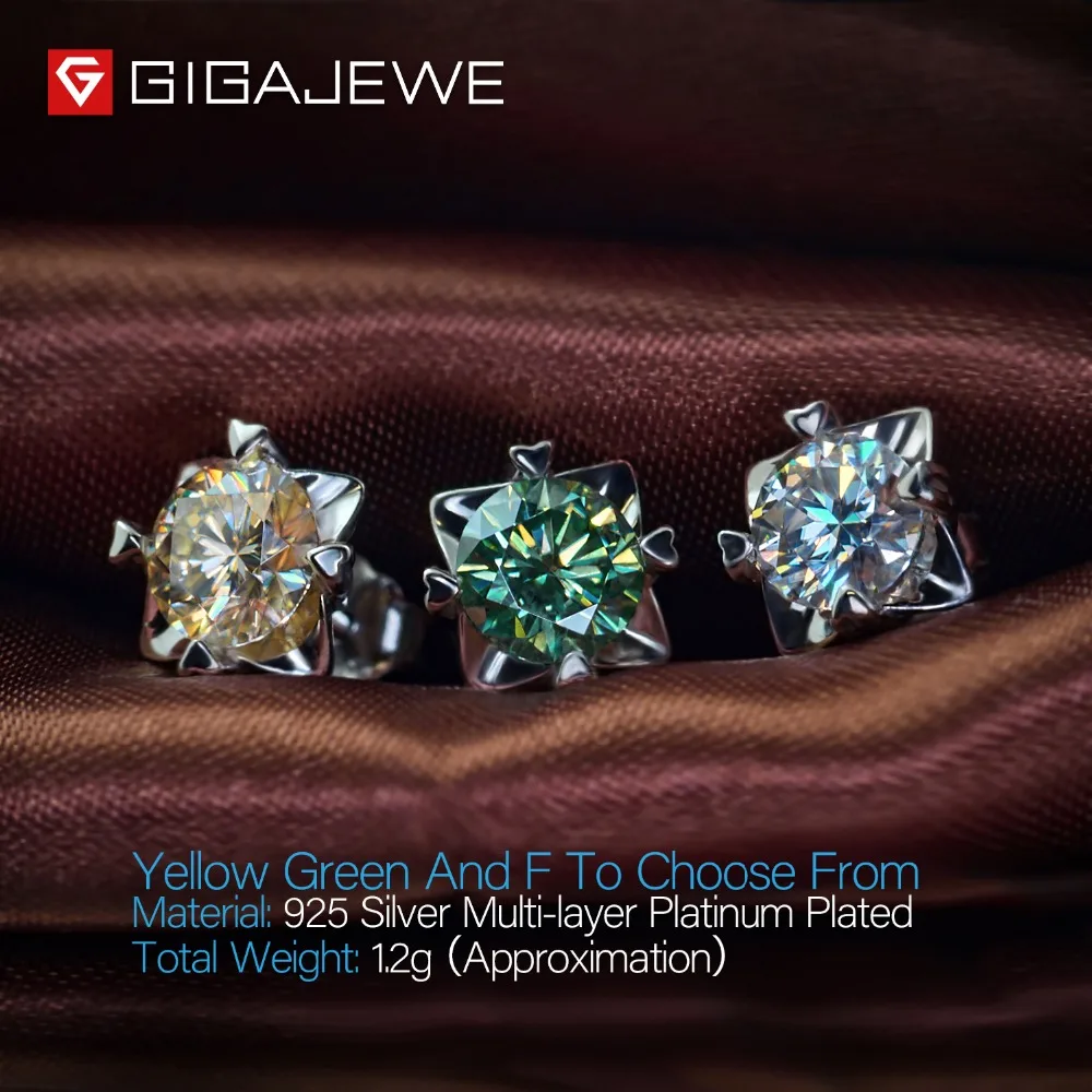 GIGAJEWE Муассанит желтый/зеленый/F VVS1 круглой огранки всего 1.2ct лаборатория выращенные серебряные серьги с алмазами модные ювелирные изделия подарок девушке