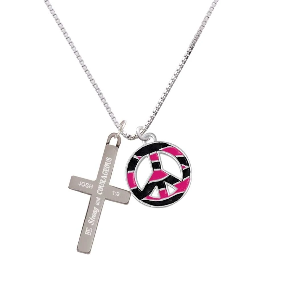 Large Hot Pink Tiger Print Peace Sign - Strong and Courageous - Cross Necklace