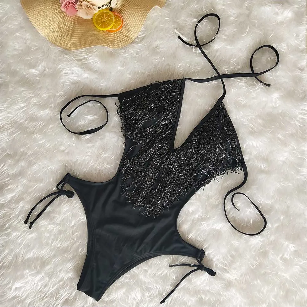 Бренд OMKAGI, на шнуровке, сдельный купальник с кисточками, женский сексуальный Одноцветный купальник, купальный костюм, пляжная одежда, монокини - Цвет: B3087BK