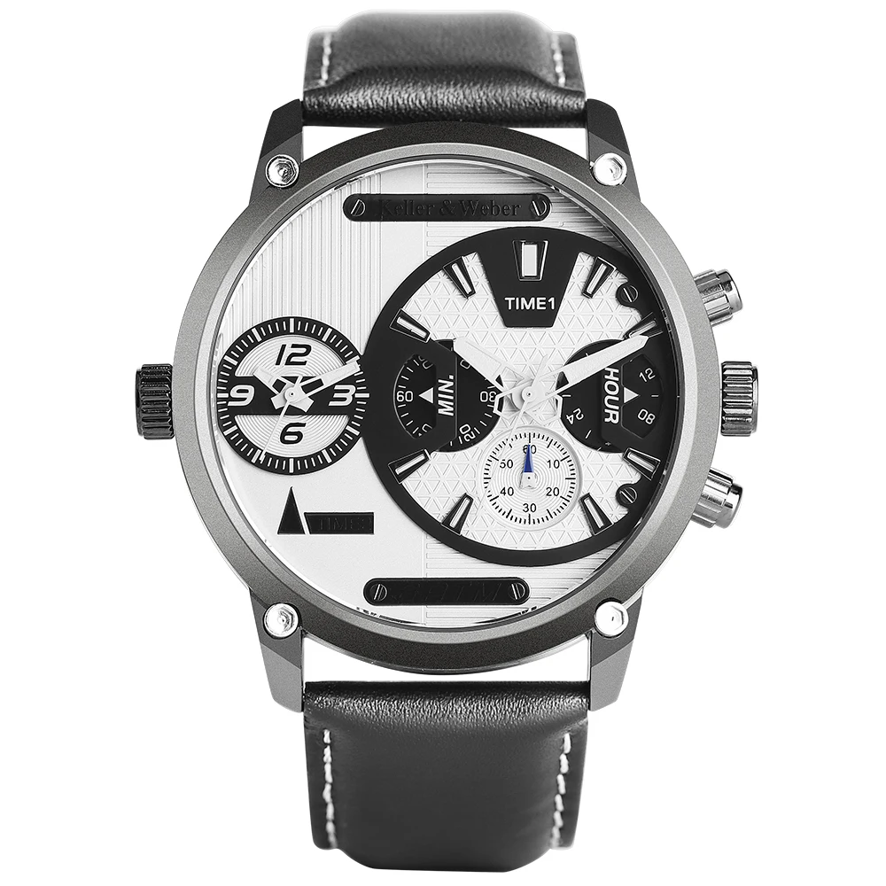 Keller & Weber Business Men's Watches Dual Time Zone Quartz Wrist Watch Genuine Leather Band Male Wirst Clock  (1)