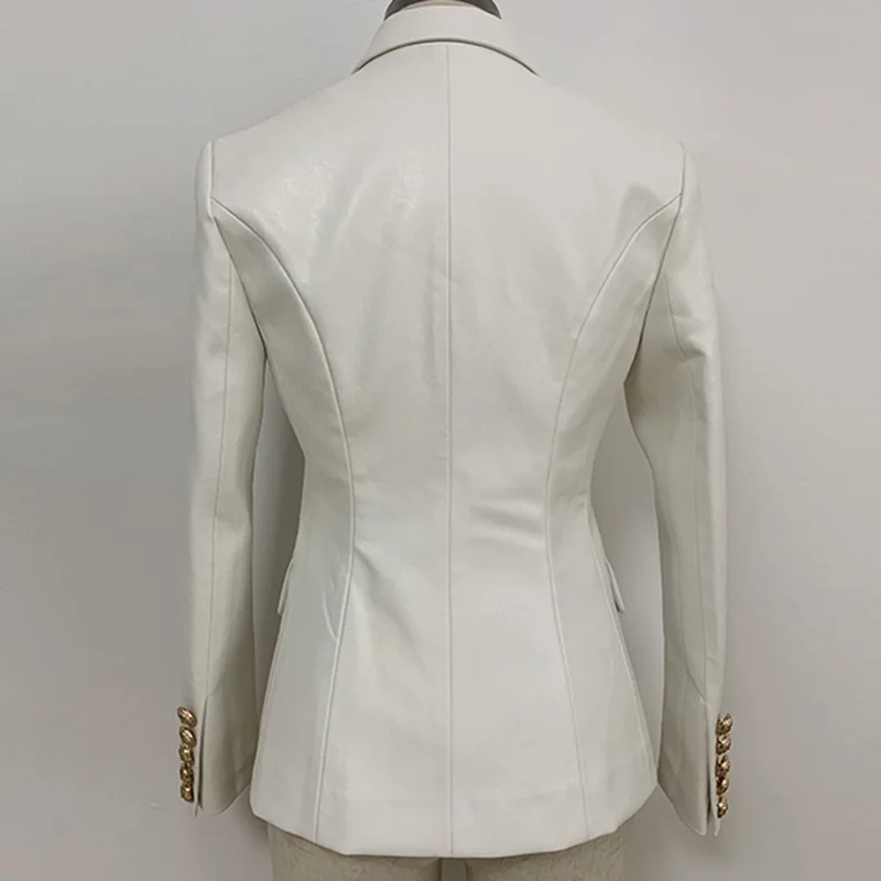 High Quality White PU Leather Jacket Blazer Women Solid Double Breasted Slim Office Lady Faux Leather Blazers Mujer Coat Female