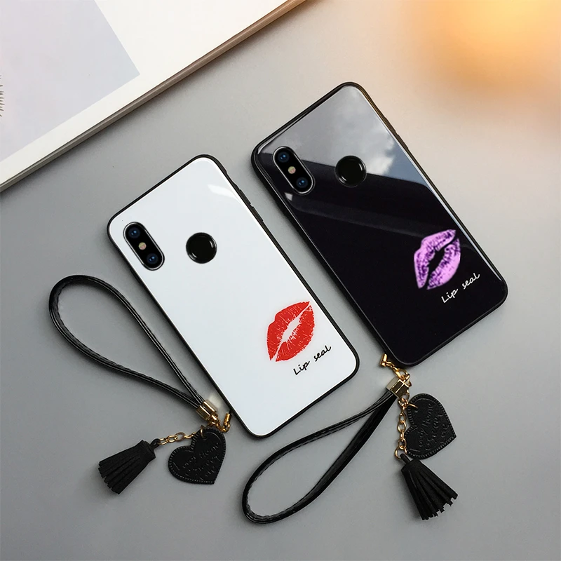 

BONVAN Tempered Glass Case For Xiaomi Mi A1 A2 Lite 5X 6X 6 Red Lips Hard Cover For Xiaomi Mi Note 3 Play Lanyard Couqe Capa