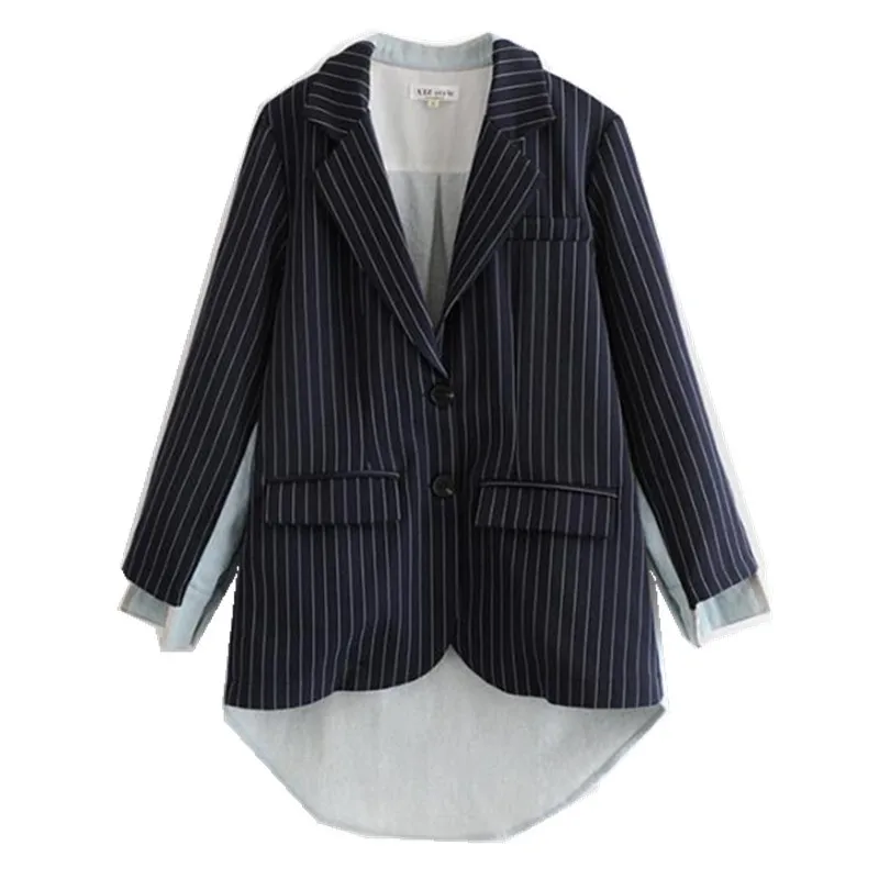 2019 Spring Lapel Long Sleeve Blue Striped Irregular Denim Stitch Loose Jacket Asymmetrical Women Coat