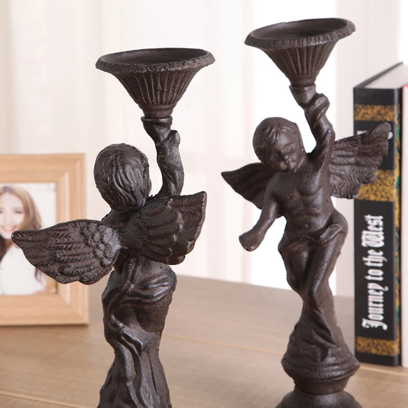 European Accents Antique Rust Shabby Chic Vintage Style Angel Design Tabletop Cast Iron Pillar Candle Holder Pair European Accents Antique Rust Shabby Chic Vintage Style Angel Design Tabletop Cast Iron Pillar Candle Holder Pair