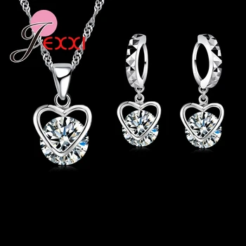 

Austrian Crystal Heart Necklace 925 Sterling Silver Drop Earrings Women Bride Wedding Jewelry Sets Best Gift For Lovers