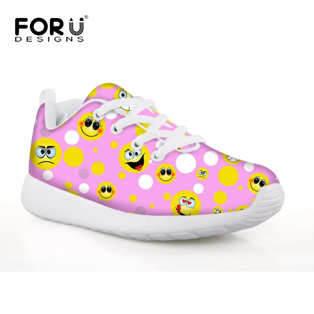 

FORUDESIGNS Children Shoes Girls Fitness Sport Sneakers for Kids Funny Emoji Printing Lace Up Outdoor Soccer Shoes Comfortable
