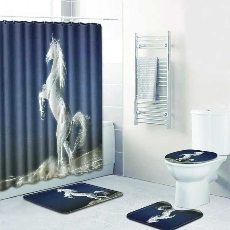Horses Shower Curtain Bathroom Rug Set Bath Mat Non-Slip Toilet Seat Lid Cover 