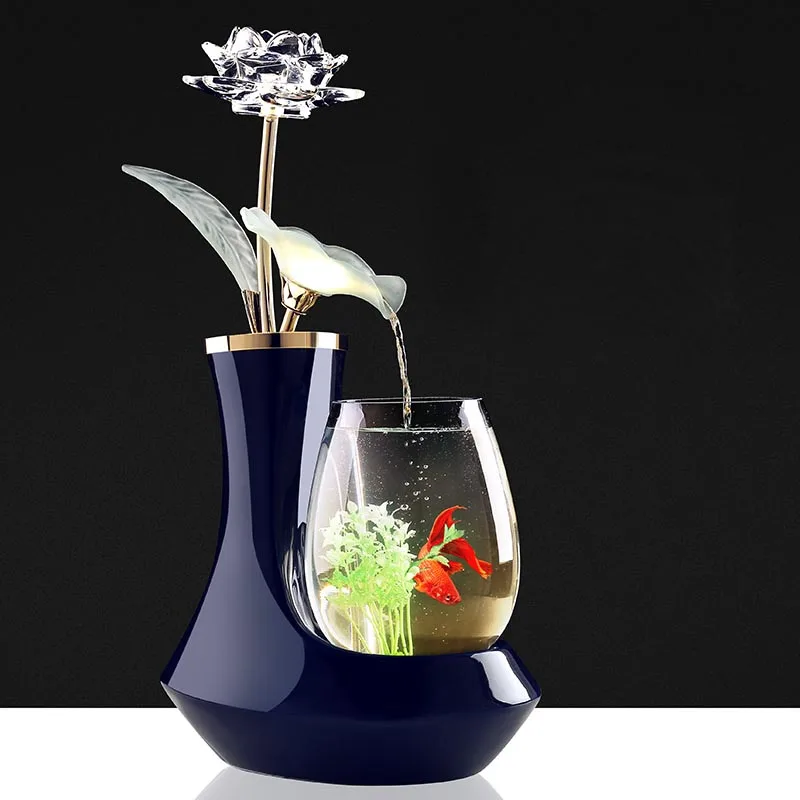 

110/220V Wine Cabinet Creative Crystal Lotus Water Fountain Decoration Feng Shui Glass Fish Tank Craft Desktop Decor Friend Gift
