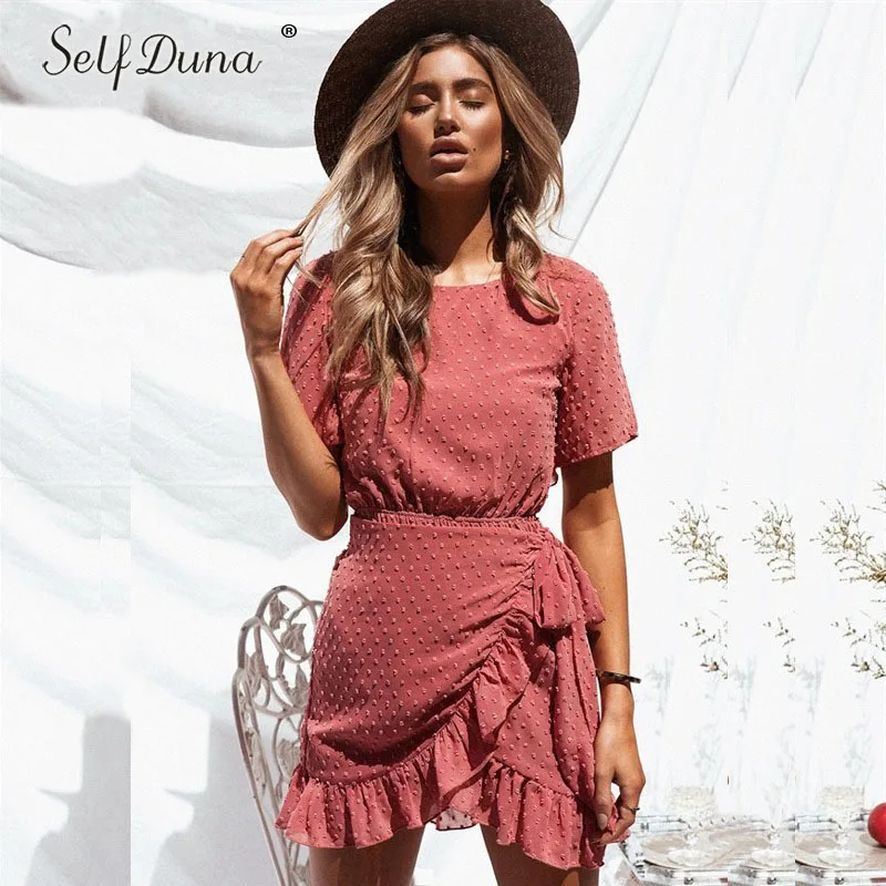 

Self Duna Sundress 2018 Summer Red Ruffle Dress Women Sexy Backless Dresses Short Sleeve Lace Up Chiffon Short Lady Beach Dress