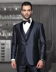 Итальянский сшитое темно-синий жених костюмы черный отворот один куртка + брюки + галстук + жилет мужские смокинги для свадебных жениха