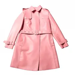Модная новинка 2019, Офисная женская розовая длинная куртка из натуральной кожи, двубортный Тренч, Женская ветровка с поясом, пальто