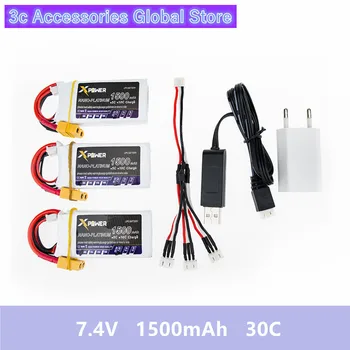 

3PCS Xpower 7.4V 1500mAh RC Drone Bateria 30C XT60/T Li-po 2S With Charger 3 in1 Cable For WLtoys 12428 Wing Z84 Battery VS VOK