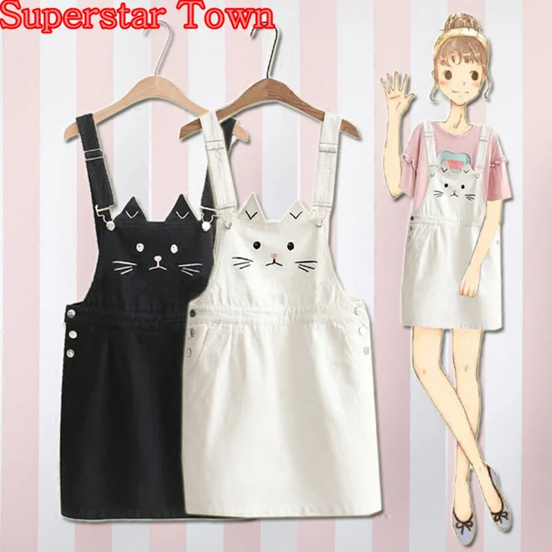 

Summer Suspenders Dress Cat Embroidery Spaghtti Strap Denim Dress Cute Sweet Vestido Harajuku Mori Girl Sweet Korean Dresses