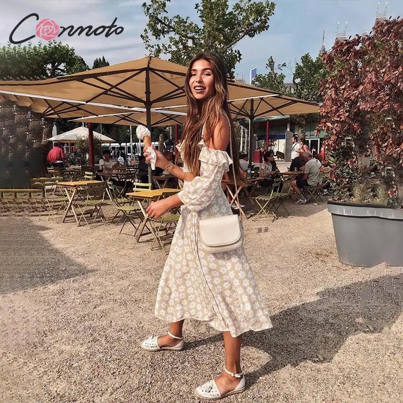 Conmoto تطور قبالة الكتف عارضة النساء اللباس كشكش الشاطئ الصيف 2019 فساتين الإناث الأزهار طباعة اللباس دعوى Vestidos