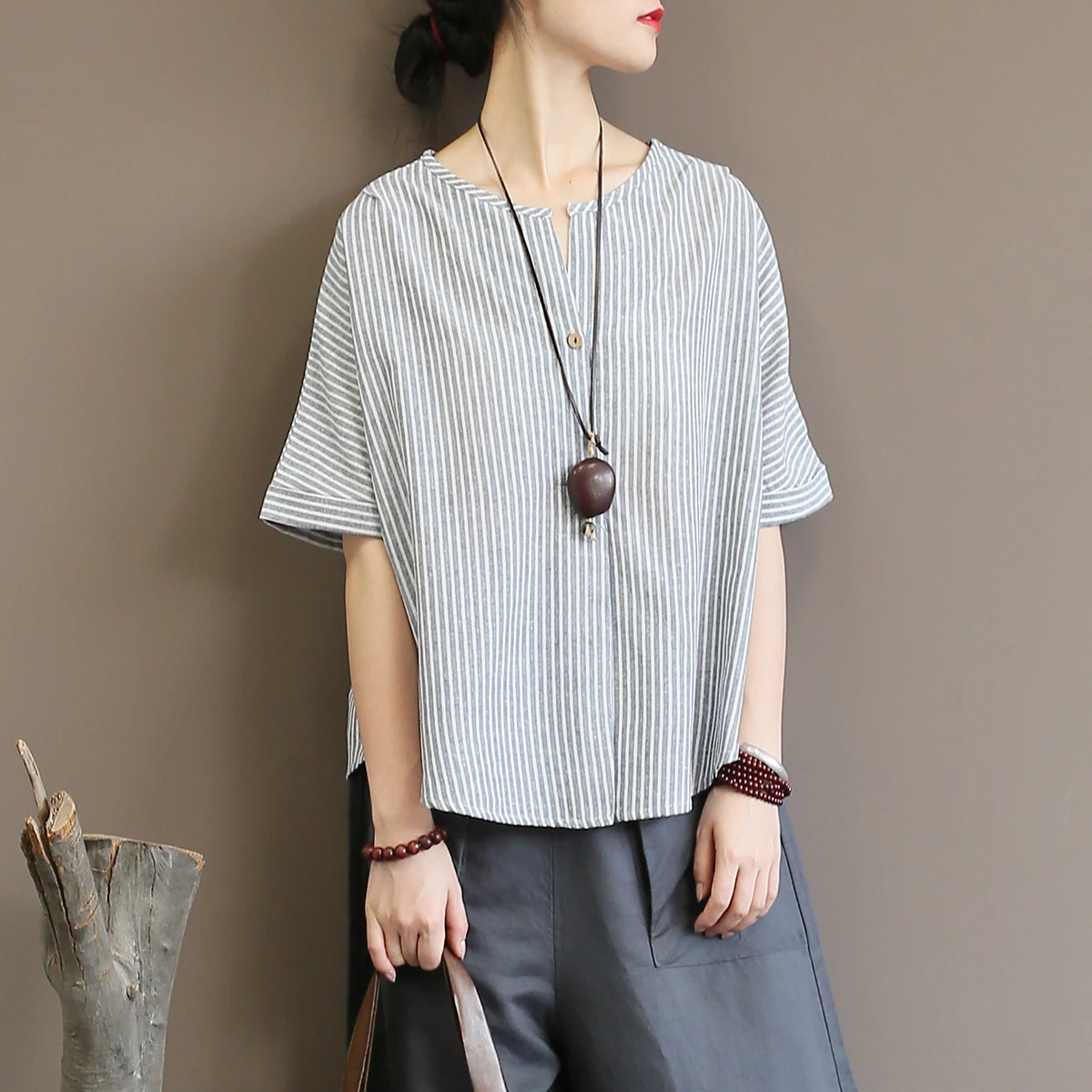 Women Loose Bat Sleeve Stripes V neck Cotton Linen Shirt Tops Female ...