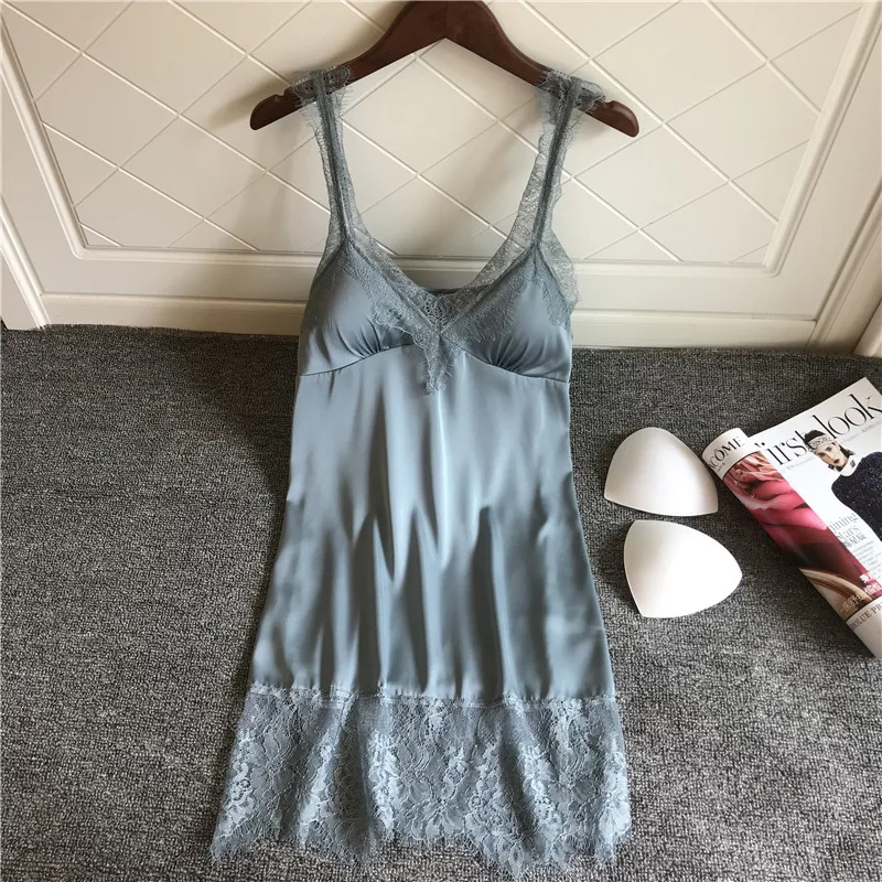 

2019 Summer Women Silk Nightgowns V-neck Backless Sleepwear Dress Satin Sexy Lace Spaghetti Strap Nightdress with Chest Pads