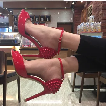 

Sexy Ladies Peep Toe Rivet Studded Pumps Buckle Ankle Strappy Thin High Heels Pumps Dress Strippers Shoes Women Zapatos De Mujer