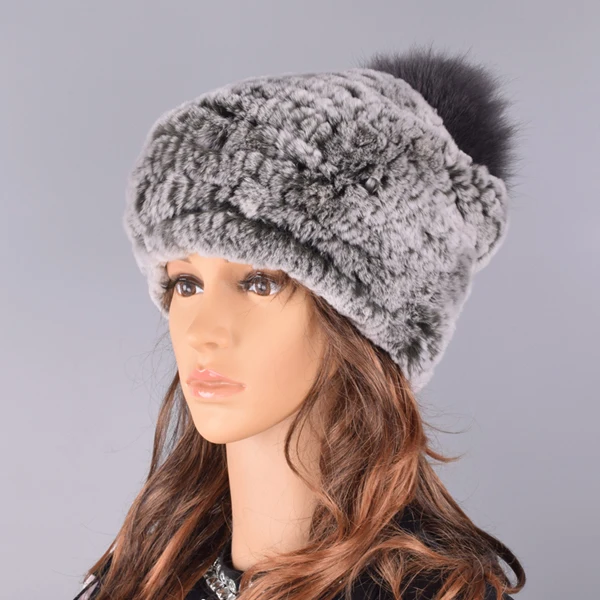 rabbit fur pompom hat women's beanies winter natural fur warm knitted caps for girls female fashionable elastic ladies hats - Цвет: Grey
