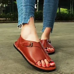 Новые женские повседневные сандалии на плоской подошве; женская обувь из искусственной кожи с носком; женская пляжная обувь на плоской