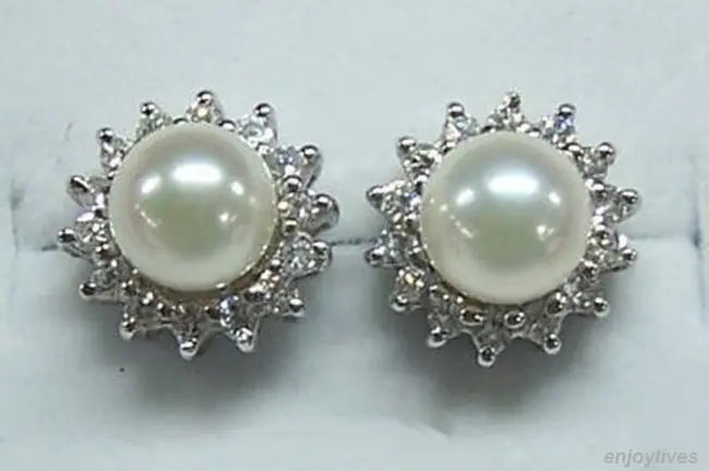 

Hot selling> Free shipping 8-9mm Genuine White Pearl White Crystal Flower Stud Earrings -Bride jewelry free shipping