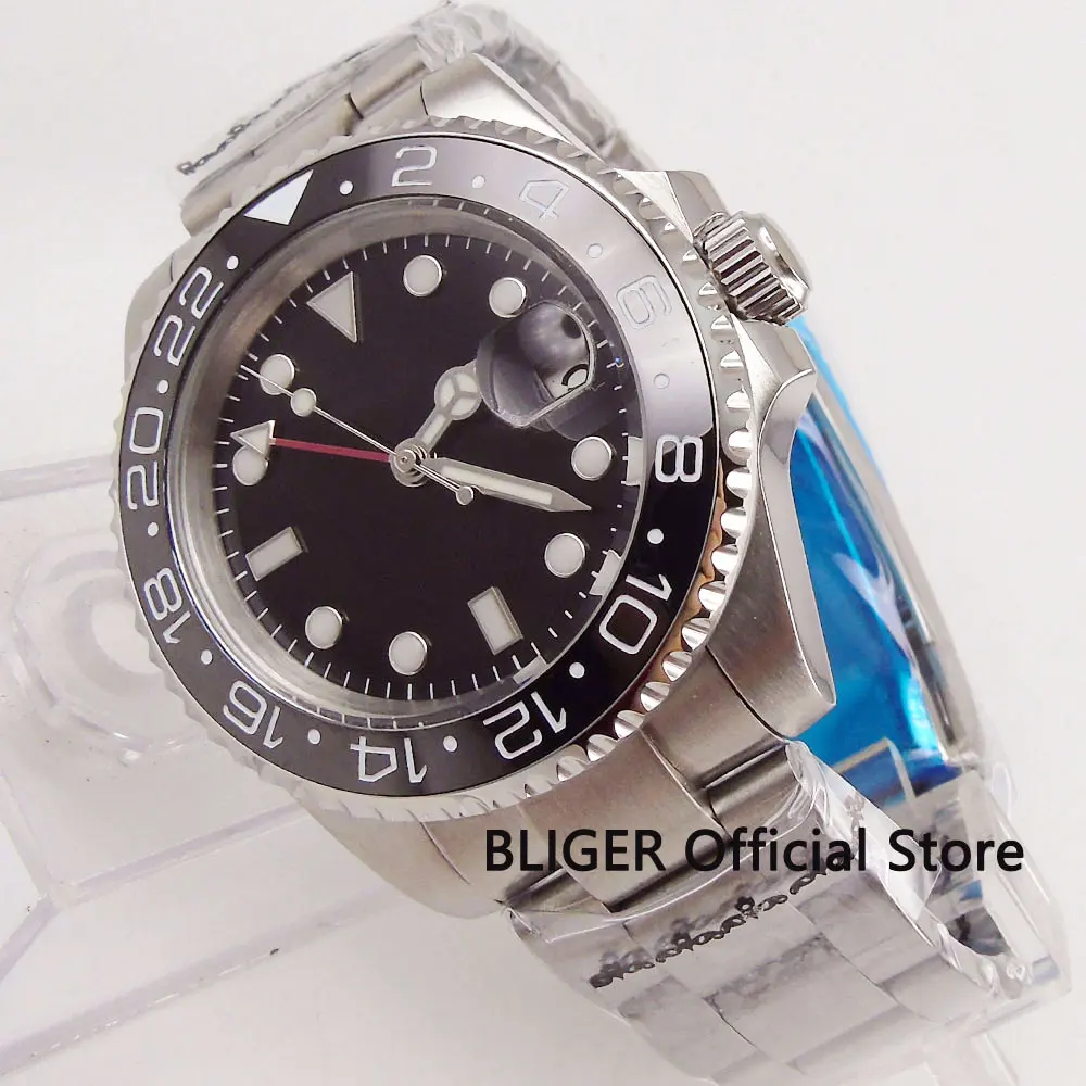 

BLIGER 40mm Sterile Black Dial Men's Watch GMT Function Automatic Movement Mechanical Men's Wristwatch