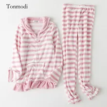 Женское ночное белье с длинными рукавами для детей на осень и зиму одинаковая Фланелевая пижама в полоску пижамы на молнии middl Коралловая флисовая Пижама Для женщин лаунж-Пижама комплект