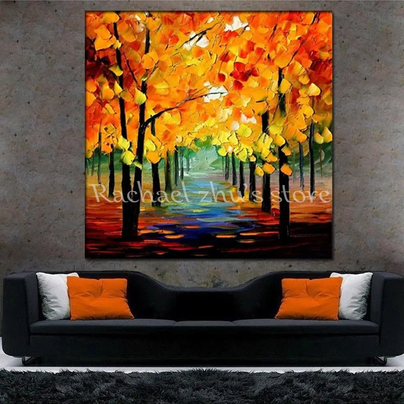 Hand Painted Modern Palette Knife Forest Path Landcape Oil Painting Autumn Scenery Pictures