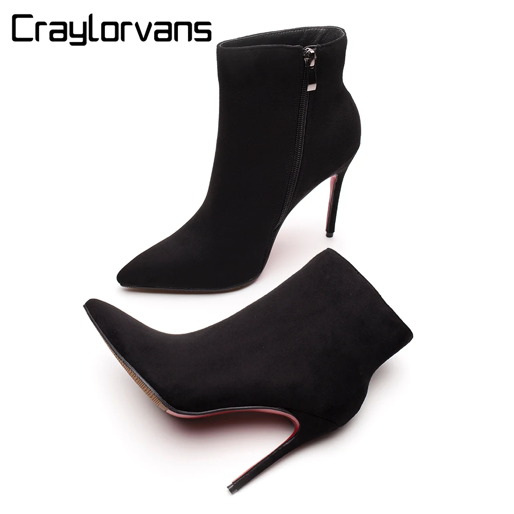 Beste Craylorvans 2018 Winter Herfst Vrouwen Laarzen Flock Enkellaarsjes 10 cm Hak Hoogte Red Bottom Puntschoen Winter Boot voor Vrouwen