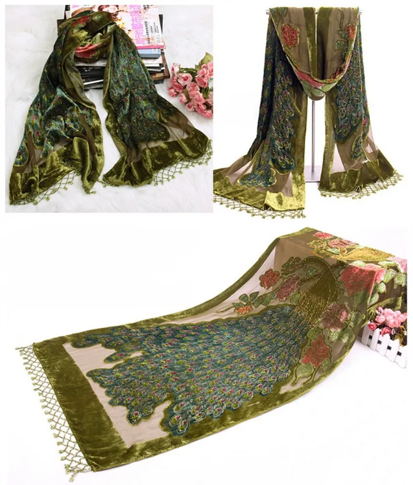 Горячая Распродажа черный женский бархатный шелковый вышитый бисером шаль шарф обертывание шарфы Peafowl WS006-H