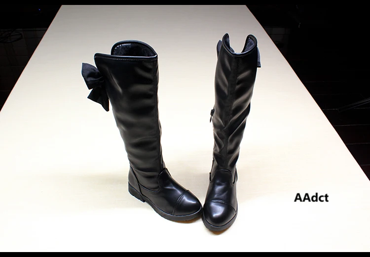 AAdct/зимняя детская обувь; ботинки «мартинсы» для принцесс; Плюшевые Сапоги выше колена для девочек; Детские теплые модные кожаные сапоги с бантом черного цвета