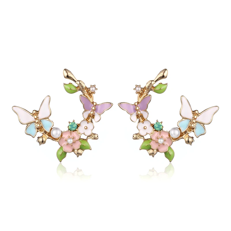 

Colorful Lacquer Flower Butterfly Stud Earrings For Women Gold Color Alloy Pearl Earring Fashion Jewelry boucle d'oreille femme