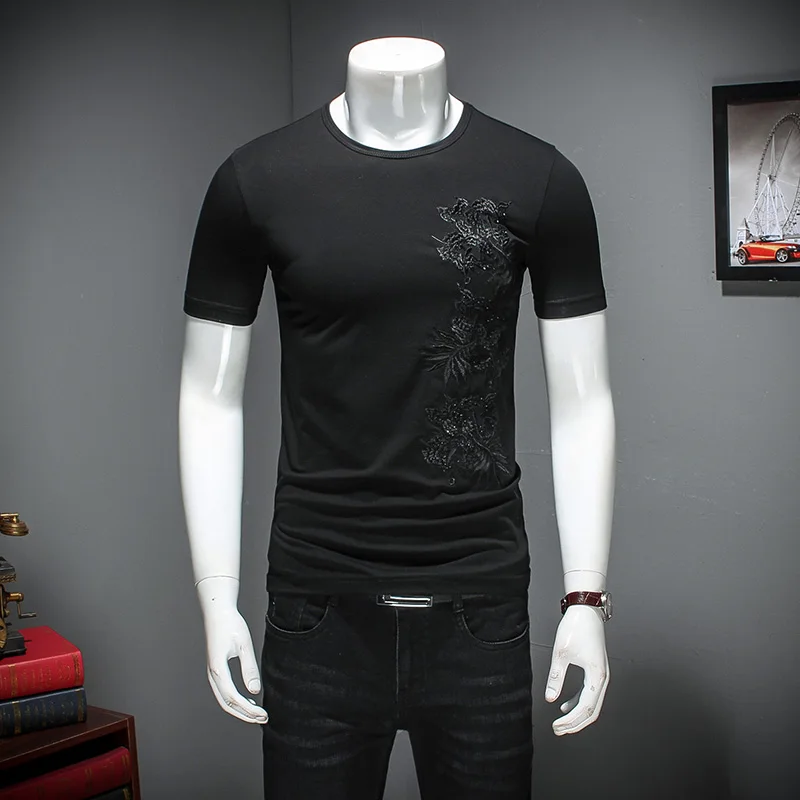 

T17040 Rhinestone embroidery floral pattern luxury short sleeve t shirt Summer 2019 New quality cotton fashion t shirt men M-5XL