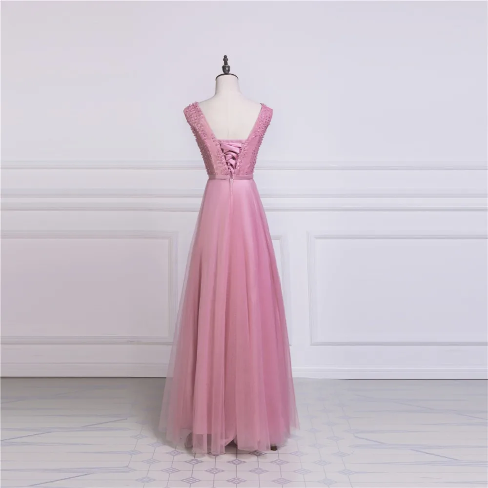 Ruthshen розового цвета длинное вечернее платье халат De Soiree дешевые кружевное платье с жемчугом Ruched Тюль Вечерние платья для выпускного вечера