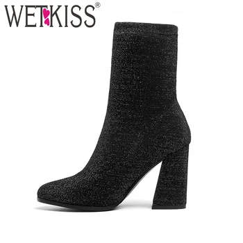 

WETKISS 2018 Latest Sexy Socks Boot Thick High Heels Woman Ankle Boot Autumn Female Footwear Fashion Lady Shoes Big Size 34-43