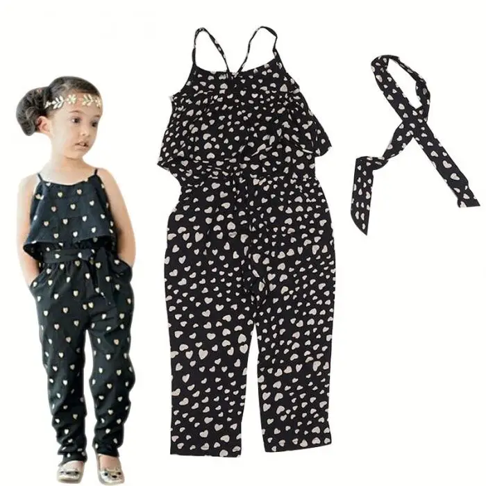 Летние комплекты комбинезонов для маленьких девочек Стильный комбинезон на бретельках с принтом в виде сердечек для малышей, брюки с поясом-17@ M09