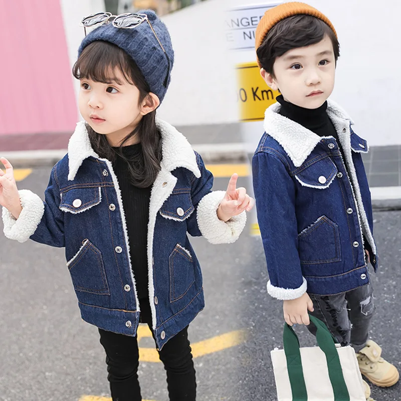  Jacket For Girls Boys Autumn Winter Plus Cashmere Thicken Jeans Coat Children Clothes Warm Fashion 