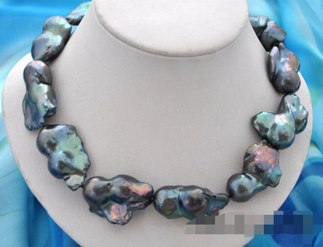 

Charming 18"22-30mm baroque black keshi reborn pearl necklace