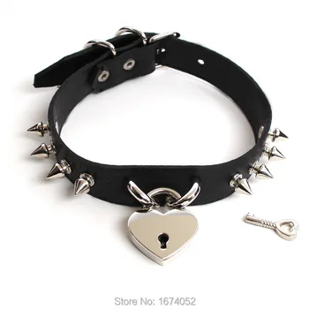 

Cool Sexy Punk Gothic Handmade Spikes Studded Love heart Choker Lock Lockable Key Collar Necklace