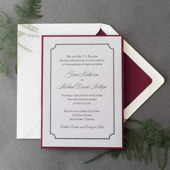 

Burgundy Flat Silver Foil Wedding Invitation CA0763
