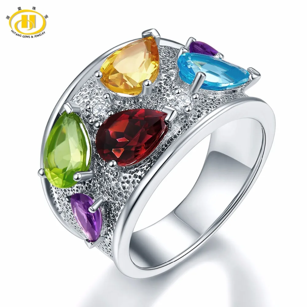 

Hutang Engagement Rings Multi Natural Gemstone Peridot Rhodolite Garnet 925 Sterling Silver Ring Fine Fashion Jewelry Best Gift