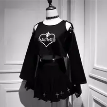 Темно-Черная Женская футболка в японском стиле Харадзюку, уличная одежда с вышивкой в виде сердца, женские короткие топы, жесткие Футболки с открытыми плечами для девушек