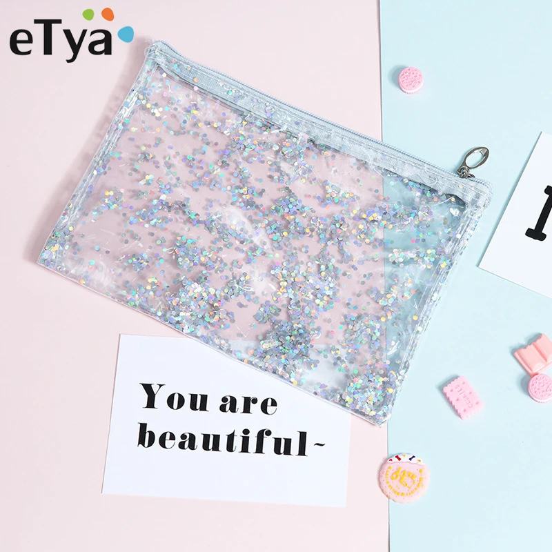 

eTya New Sequins PVC Transparent Cosmetic Bag Women Envelope Make Up Bags Travel Makeup Toiletry Organizer Case Wash Bags Pouch