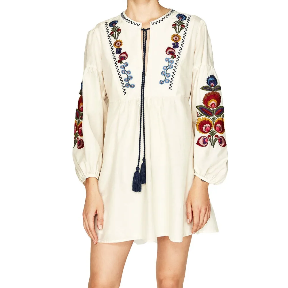 Vintage Short Mini Dress Women Loose Straight Long Sleeve Lace-up Tassels Embroidery Cotton Ethnic Summer Casual | Женская одежда