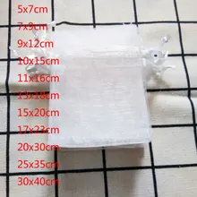 Sacs en Organza blanc, 100 pièces/lot, 7x9 9x12 10x15 13x18 15x20 cm, emballage cadeau de mariage, sacs à cordon et pochettes à bijoux, nouveauté 2019